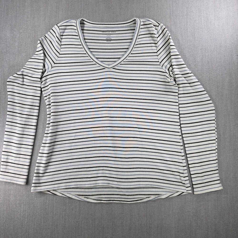 American Eagle Top Women Large White Striped Plush V-Neck Long‎ Sleeve Knit